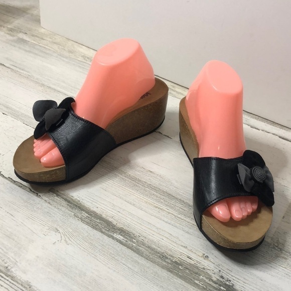 Walk Melluso Cork Wedge Black Flower Wedges Sandals 40 - Picture 1 of 7